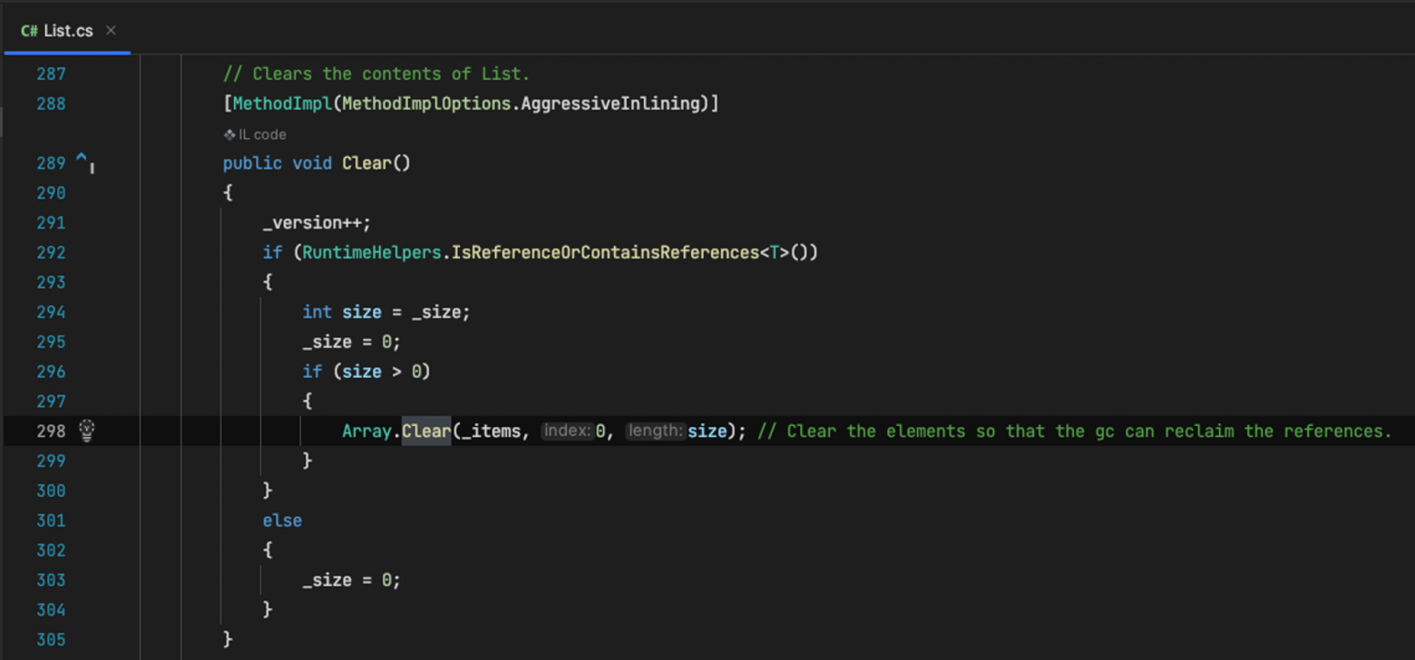 Декомпилированные исходники метода List.Clear